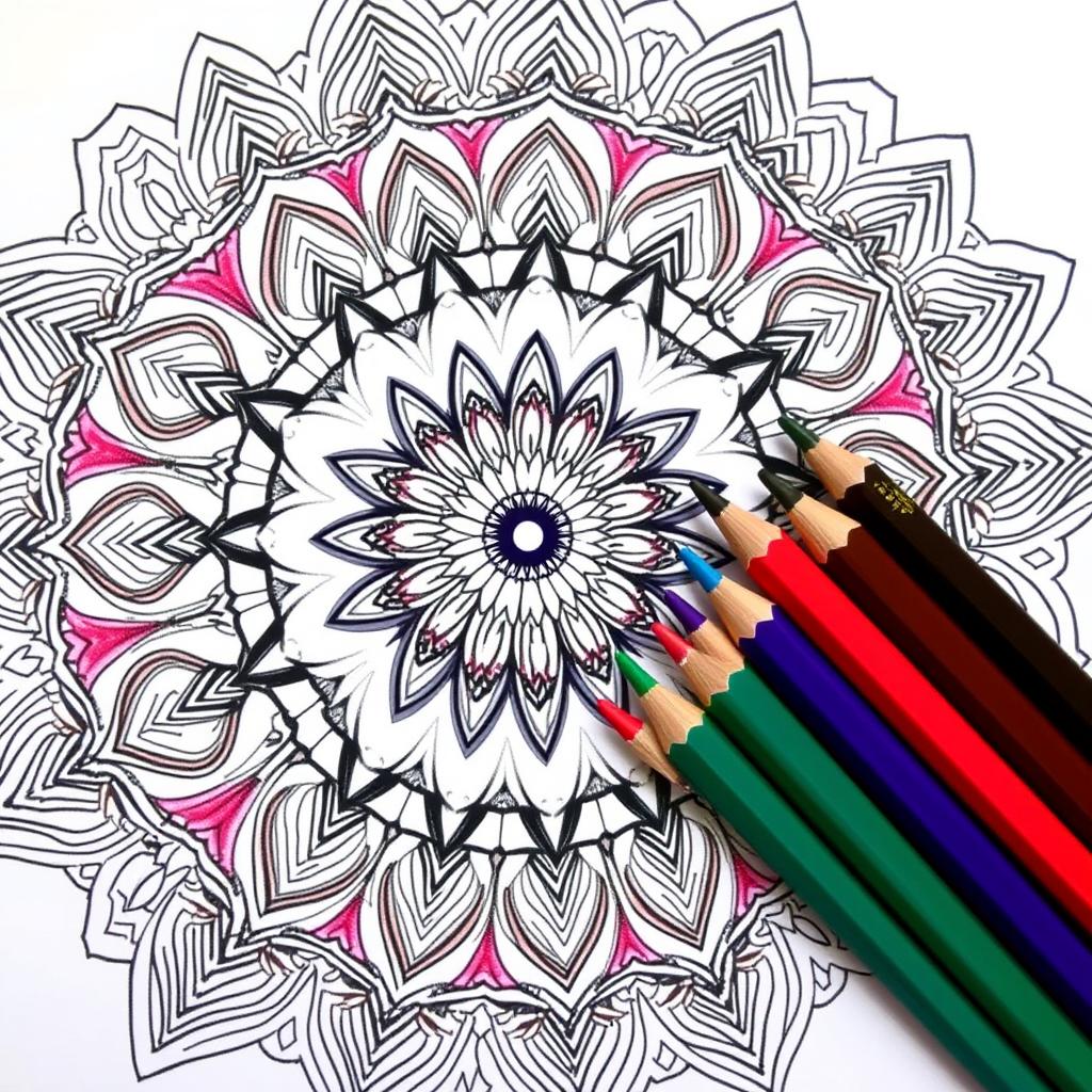 Close-up of a mandala coloring page with colored pencils Close-up of a mandala coloring page with colored pencils