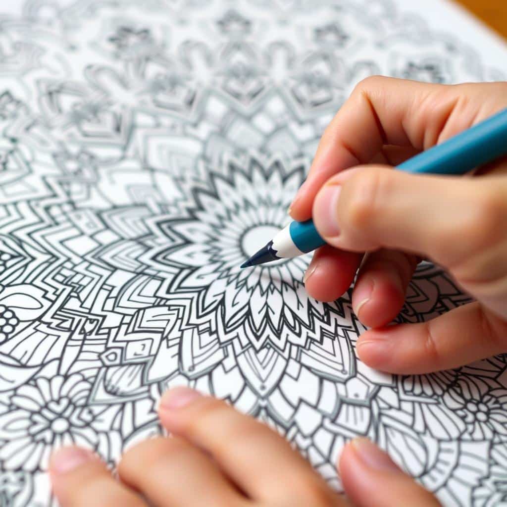 Close-up of hands carefully coloring an intricate pattern Close-up of hands carefully coloring an intricate pattern