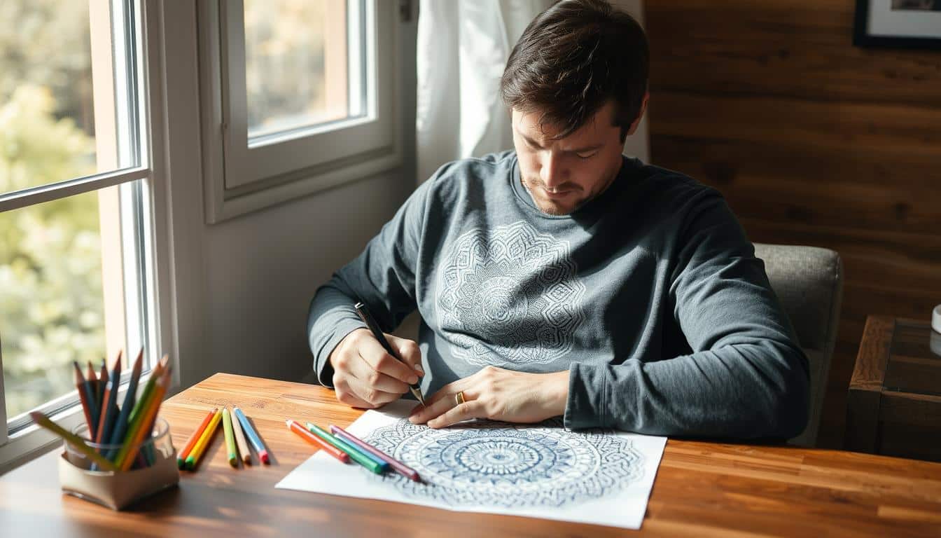 Person engaged in coloring meditation with mandala pattern and colored pencils